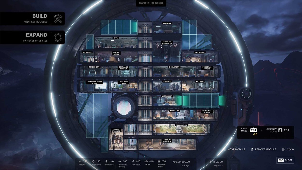 A detailed view of the base-building interface in The Alters, showing the massive circular mobile base segmented into modular rooms like the workshop, infirmary, social room, greenhouse, and command center. UI elements highlight build and expand options, resource tracking, and module movement, reflecting the game's strategic and customizable survival mechanics.