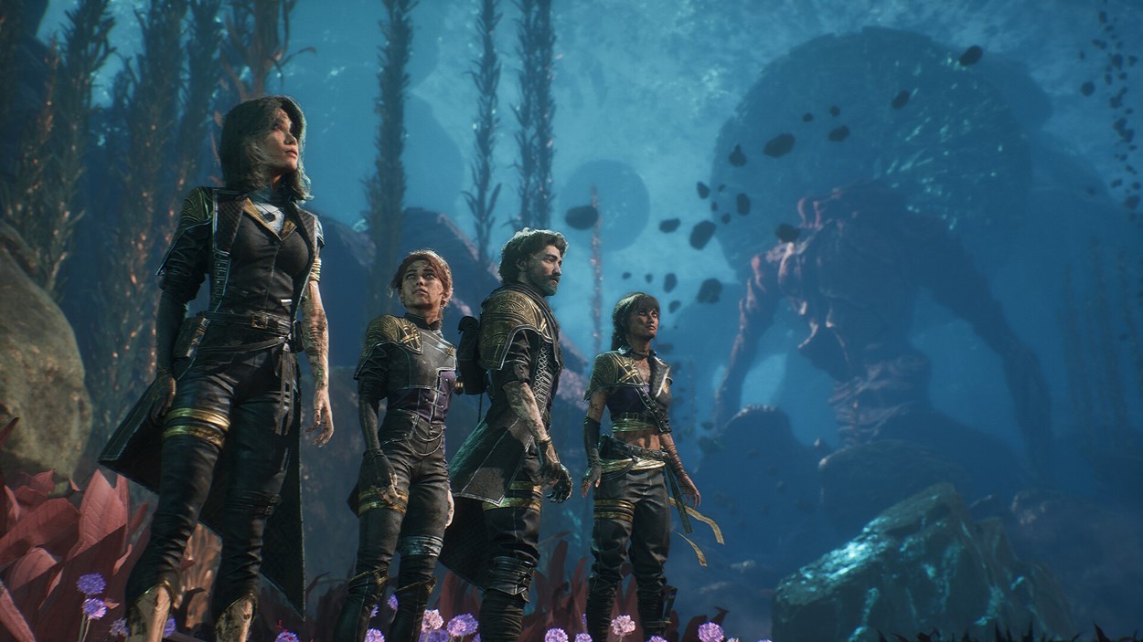 A group of four adventurers stand alert in a glowing underwater environment, with a massive, shadowy sea creature looming in the distance among tall aquatic plants in Clair Obscur: Expedition 33.