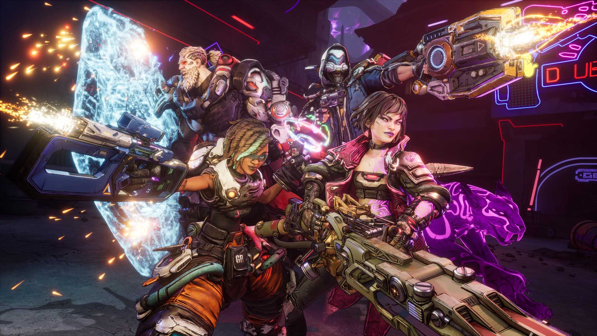 Four Borderlands characters in action, wielding futuristic weapons and abilities, with neon lighting and a purple spirit creature in the background.