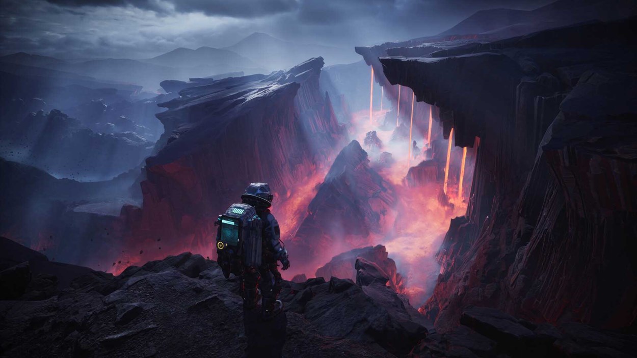 A lone astronaut stands on the edge of a cliff, overlooking a dramatic, alien landscape filled with jagged rock formations and glowing lava flows cascading down into a deep, fiery canyon under a stormy sky — a scene from The Alters.