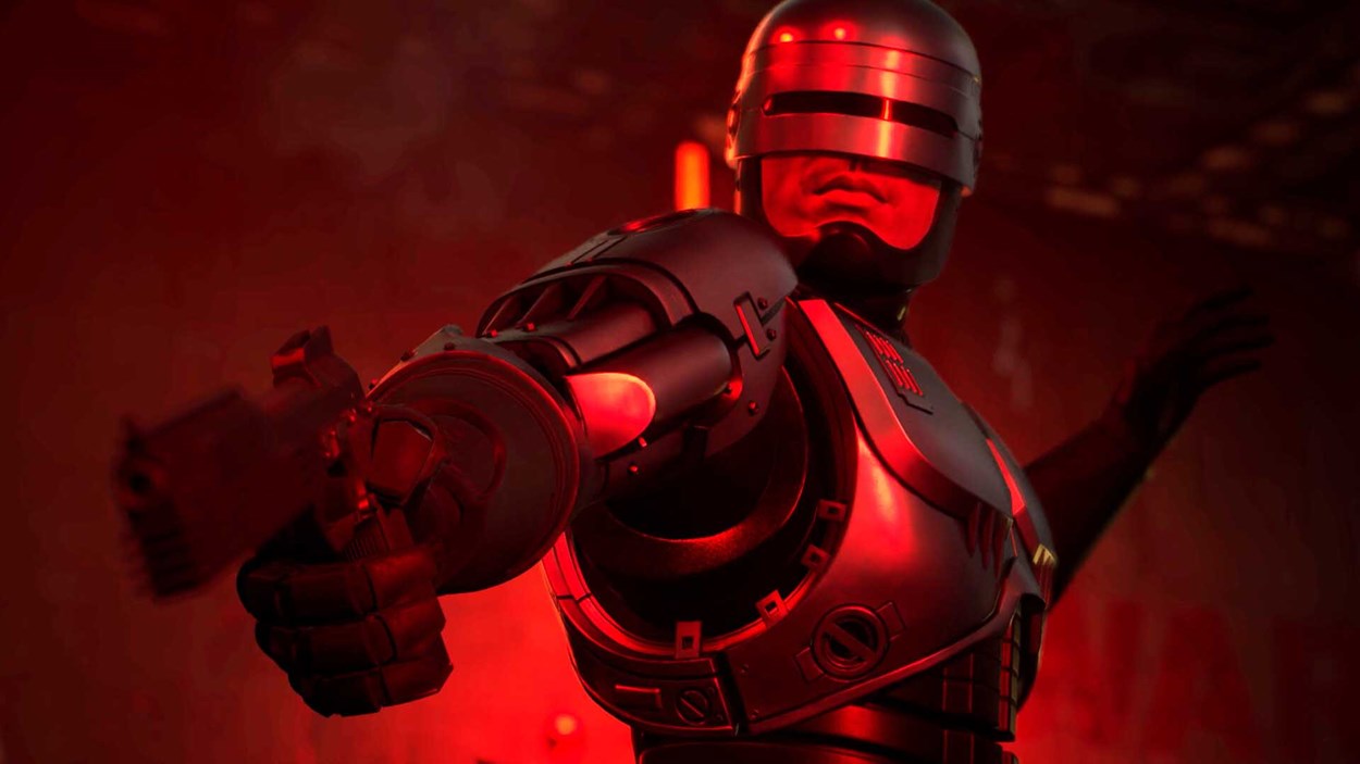 RoboCop aiming his pistol in a red-lit environment, showcasing his armored suit and visor in an intense action pose.