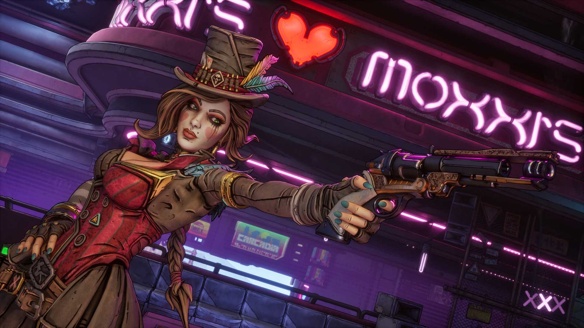 Moxxi from Borderlands striking a pose with a decorated revolver, standing in front of her neon-lit bar with glowing pink signage.