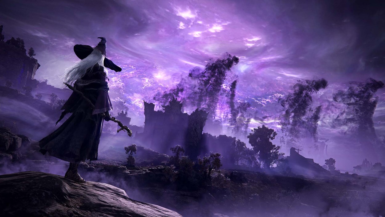 A sorcerer stands on a cliffside in Elden Ring: Nightreign, gazing at a dark, stormy sky filled with swirling purple clouds and shadowy figures rising over a ruined castle landscape.