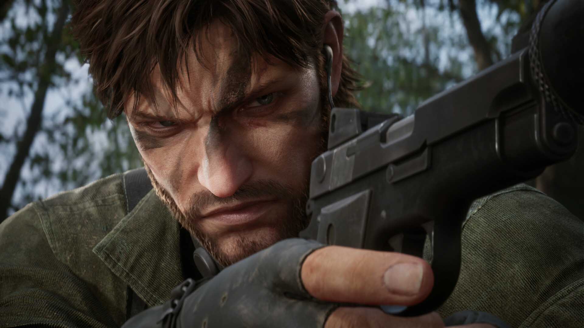 Close-up of Snake aiming a pistol in the jungle from Metal Gear Solid Delta: Snake Eater remake, showing detailed facial express