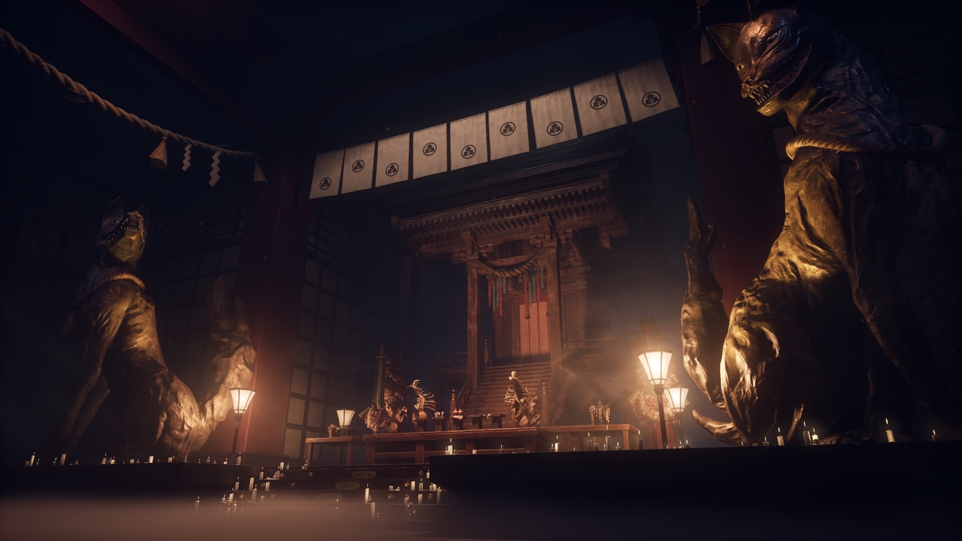 Silent Hill f screenshot of a dark shrine interior with eerie fox statues, lit candles, and a wooden altar draped with ritual decorations.