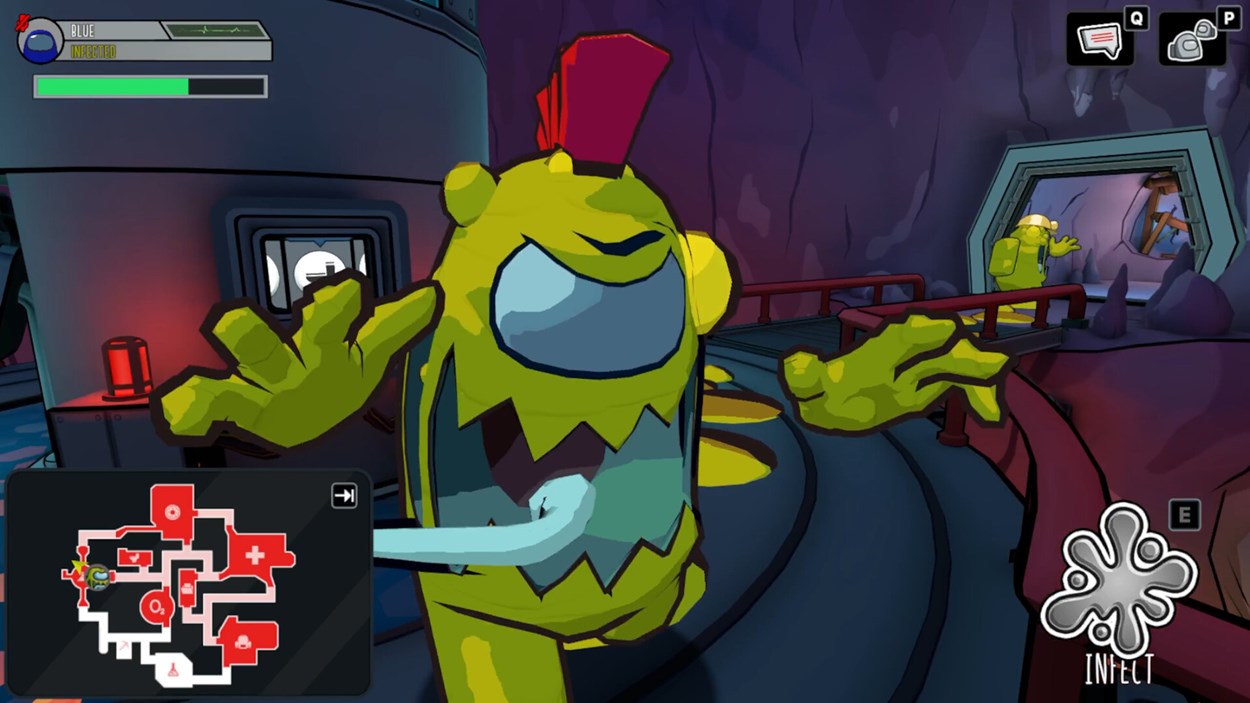 Gameplay screenshot from Among Us 3D showing a yellow infected crewmate in a monstrous form lunging forward with claws. A map is displayed in the corner, and another infected crewmate is visible in the background.