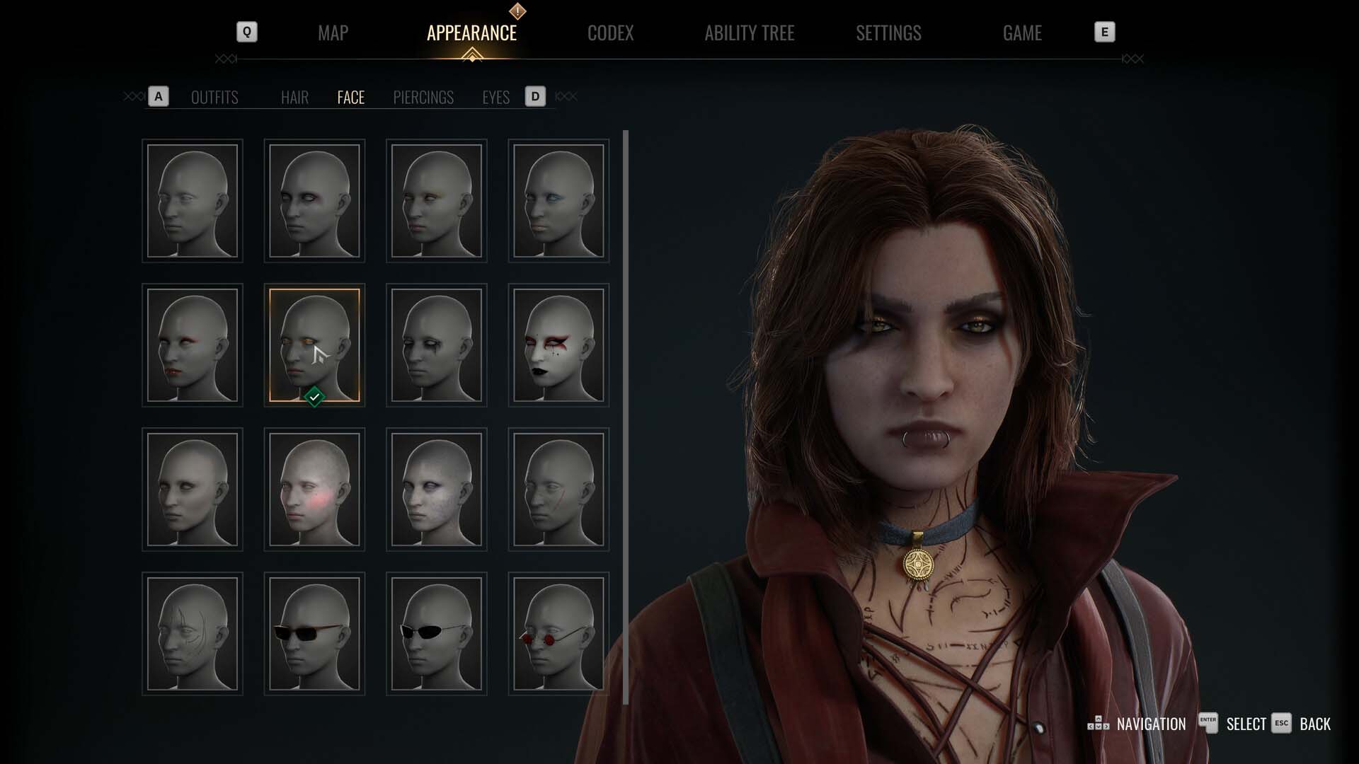Character customization screen in Vampire: The Masquerade – Bloodlines 2 showing options for face, piercings, and eyes, with a vampire character preview on the right.