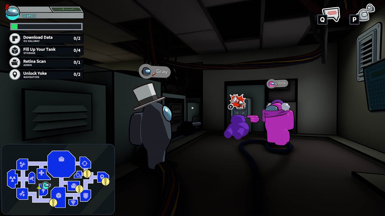 First-person gameplay screenshot from Among Us 3D showing crewmates in a dimly lit room. One gray crewmate watches as two purple characters interact, with one pointing near a vent. Task list and minimap are visible on the screen.