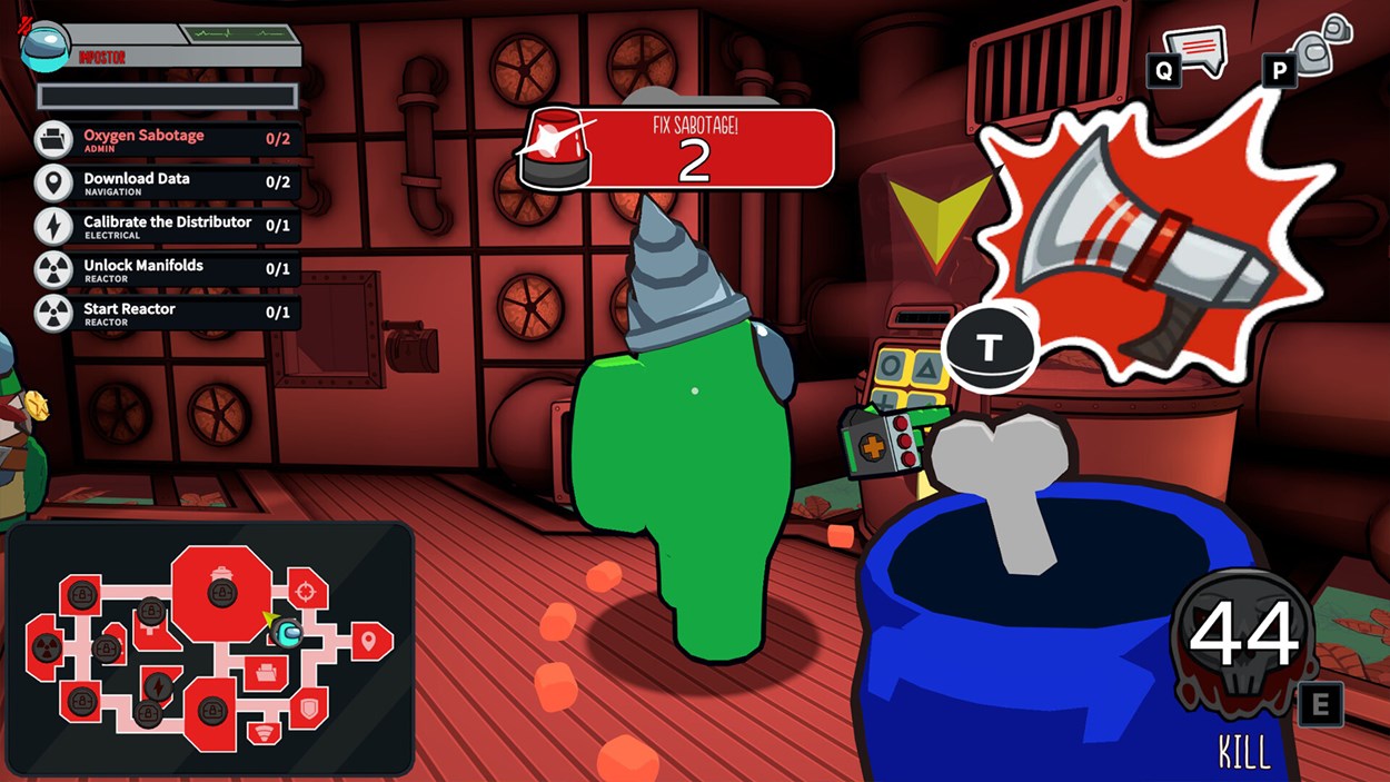 First-person view from an impostor in Among Us 3D during an oxygen sabotage emergency. A green crewmate with a drill hat stands ahead, while a report button and kill cooldown timer are visible on screen.