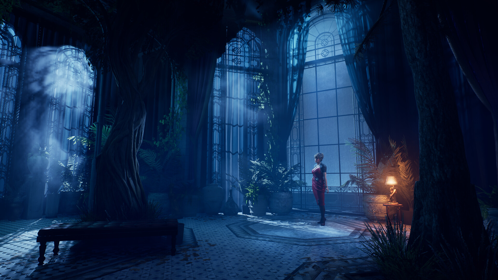 Atmospheric interior scene from Vampire: The Masquerade – Bloodlines 2 showing a vampire standing in a gothic greenhouse with moonlight streaming through tall stained-glass windows.