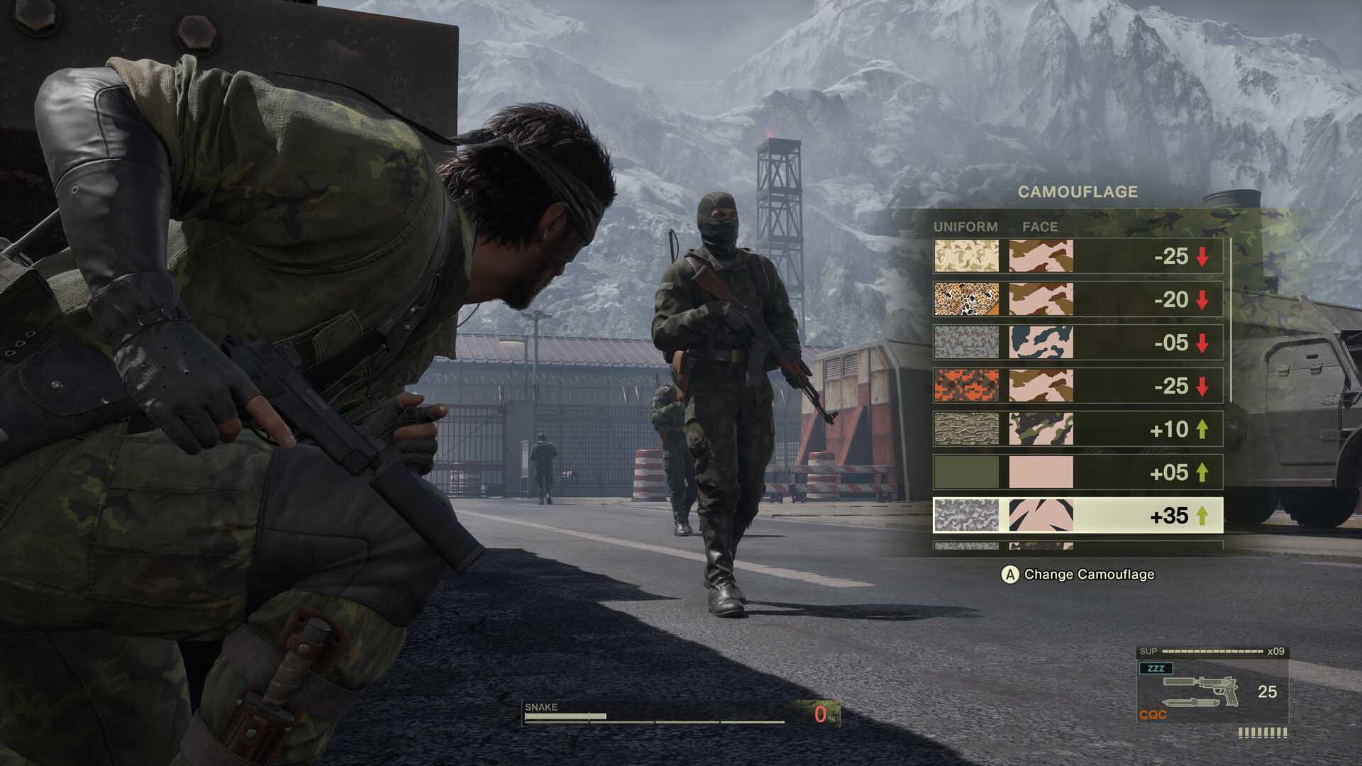 Snake crouching behind cover while a guard patrols ahead in Metal Gear Solid Delta: Snake Eater remake, with the camouflage sele