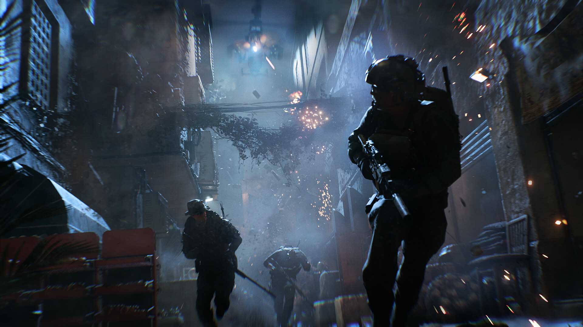 Armed soldiers sprint through a narrow, dimly lit alleyway as explosions and debris erupt around them during an intense urban firefight.