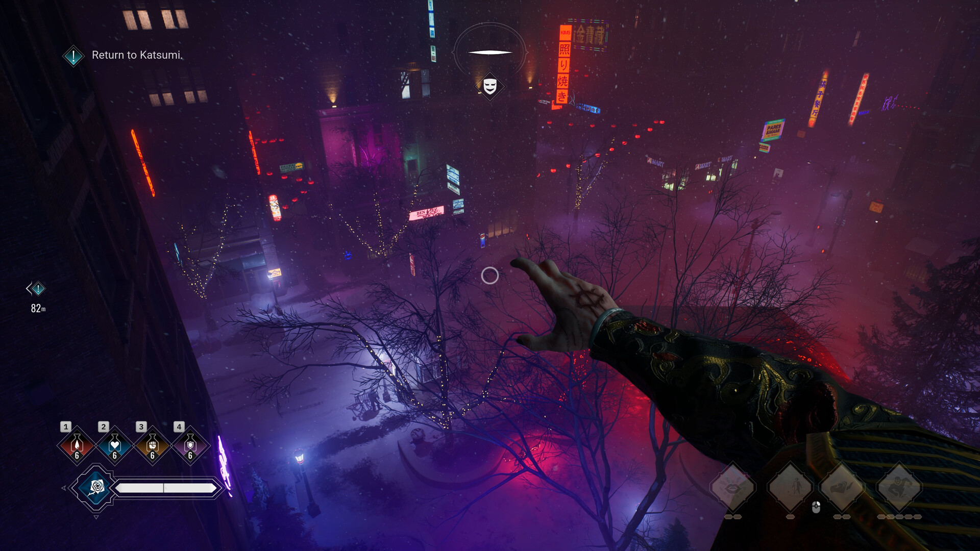 First-person view from a rooftop in Vampire: The Masquerade – Bloodlines 2, overlooking a neon-lit city street covered in snow at night.