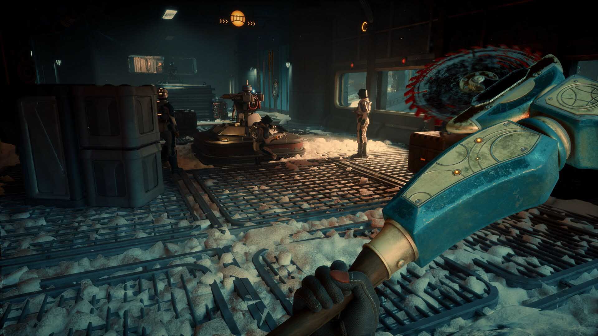 The Outer Worlds 2 gameplay screenshot showing a first-person view holding a futuristic weapon with a spinning saw blade inside a snowy industrial base.