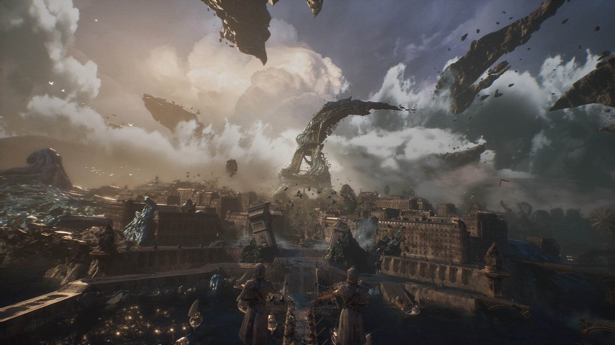 A sweeping view of a crumbling, Belle Époque-inspired city under siege by colossal waves and floating ruins, with massive statues and twisted architecture towering in the background from Clair Obscur: Expedition 33.