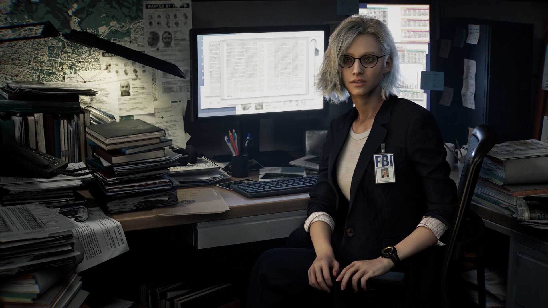 Resident Evil: Requiem screenshot showing Grace Ashcroft, an FBI analyst, sitting at a cluttered desk with case files and monitors in the background.