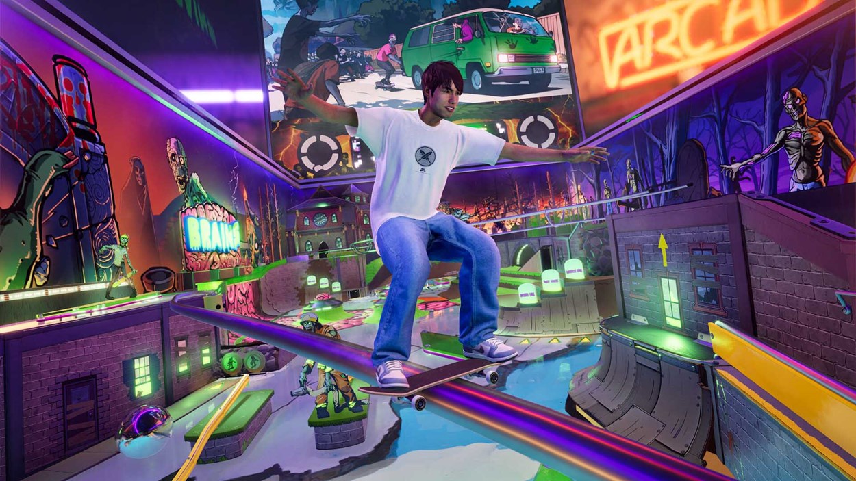 Skater grinding a neon rail in a vibrant, comic book-style arcade level with zombie-themed artwork and glowing elements.
