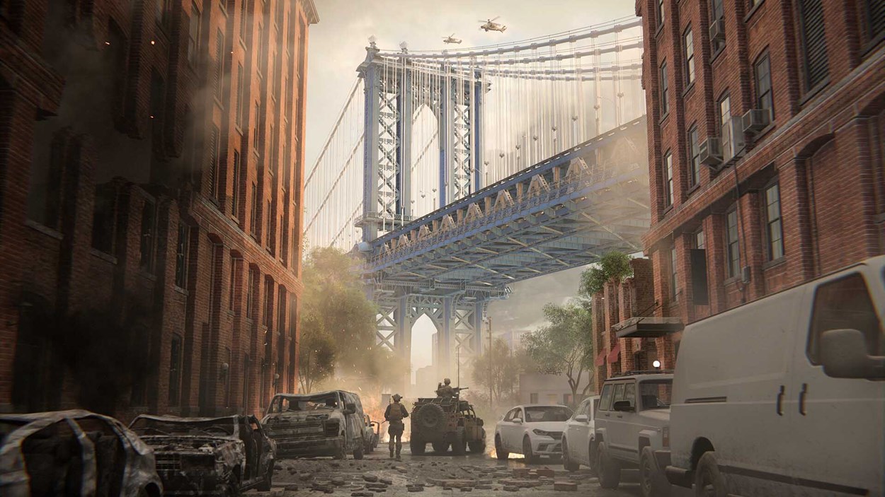 Soldiers and an armored vehicle move through a debris-strewn urban street beneath a large suspension bridge, with helicopters flying overhead.