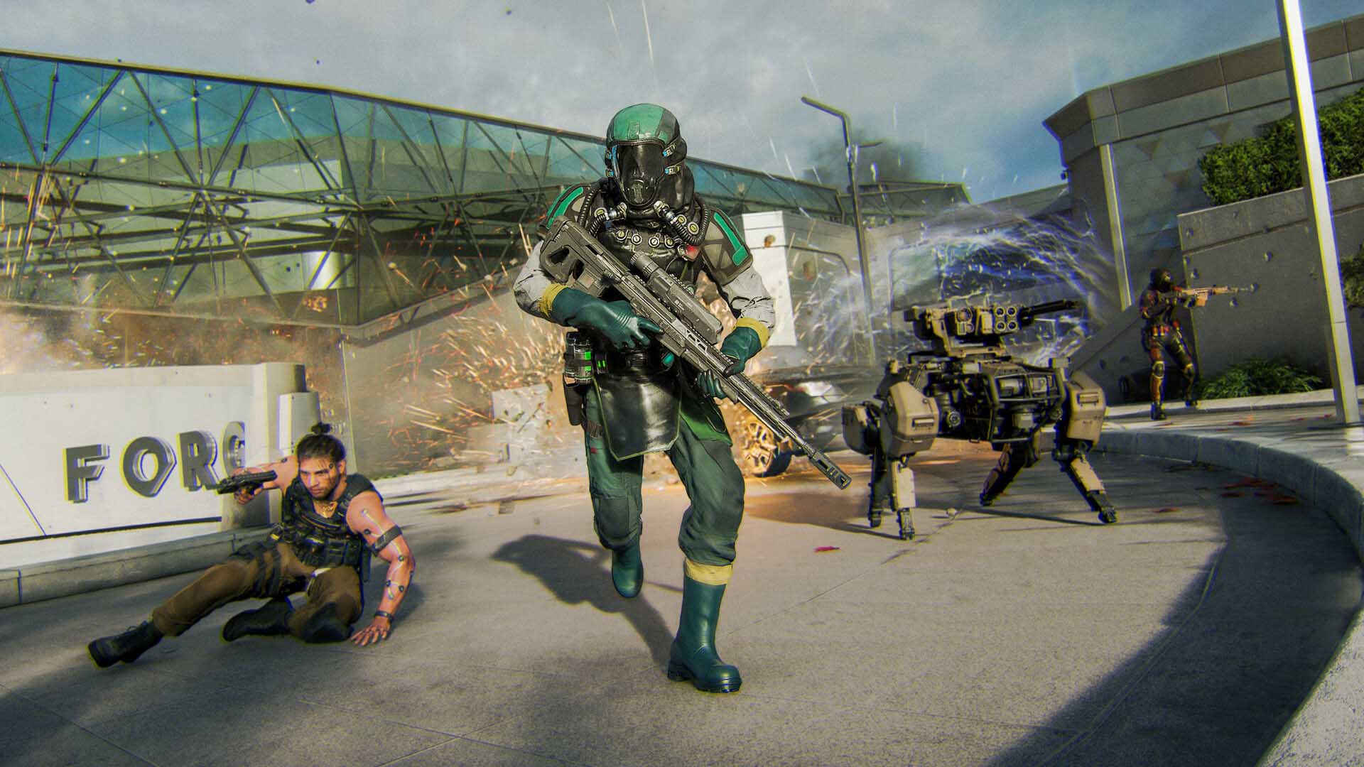 Call of Duty: Black Ops 7 screenshot showing futuristic soldiers in combat with rifles and a robotic turret during an intense urban firefight.