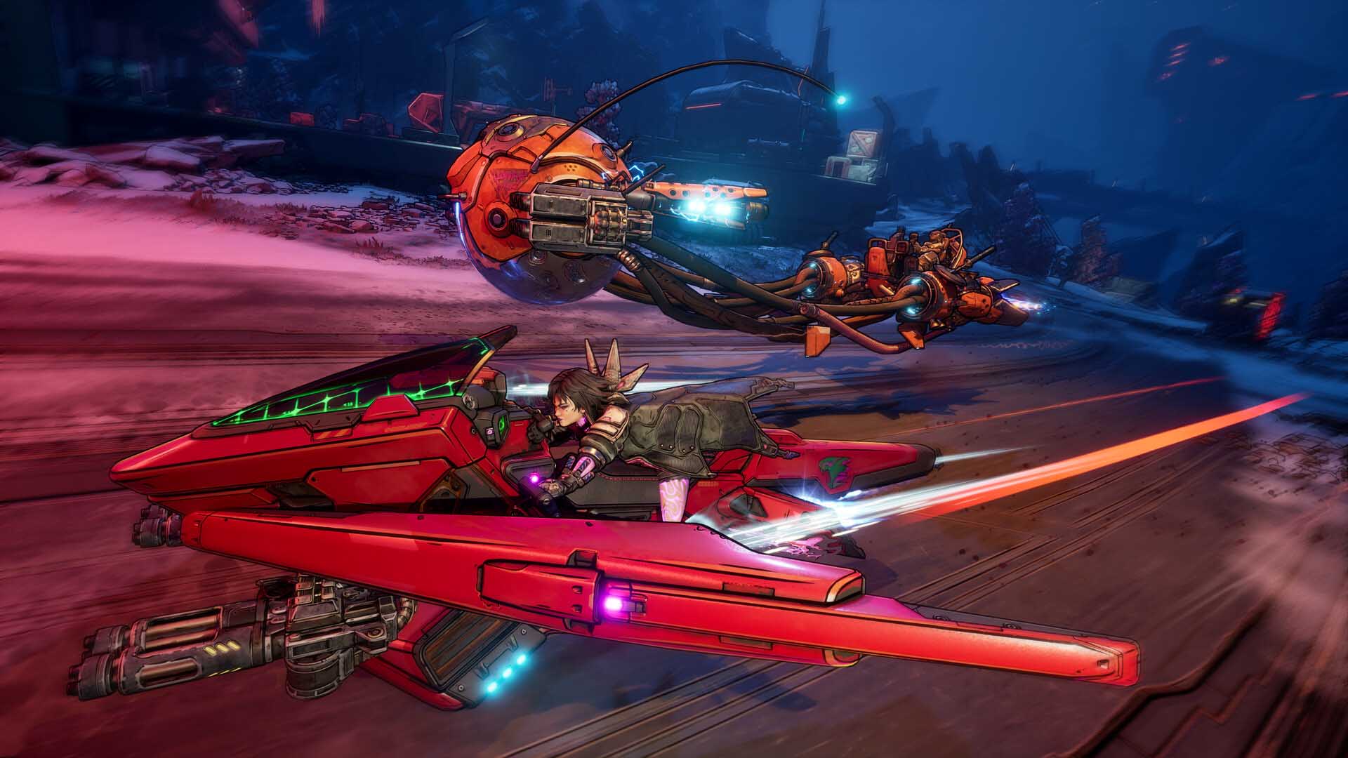 Borderlands character racing on a futuristic red hoverbike while being chased by flying drones in a neon-lit sci-fi environment.