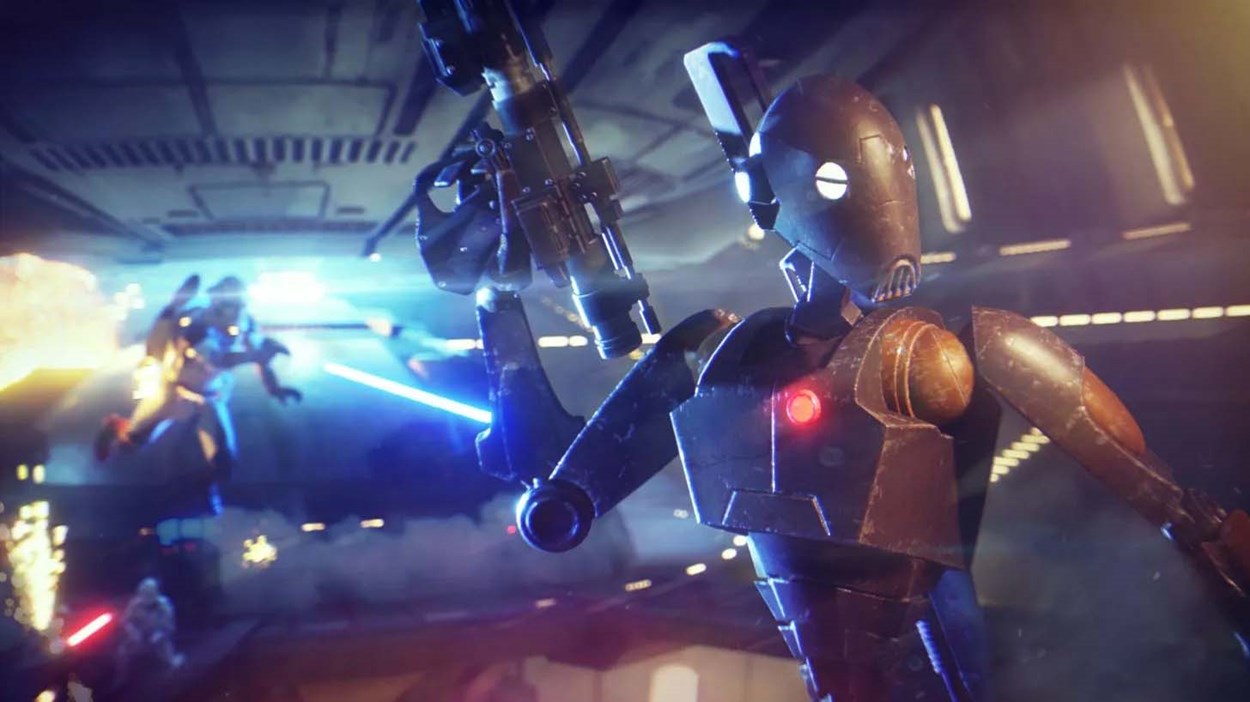 A B2 super battle droid fires a blaster in a chaotic indoor battle scene from Star Wars Battlefront II, with clone troopers and explosions in the background.
