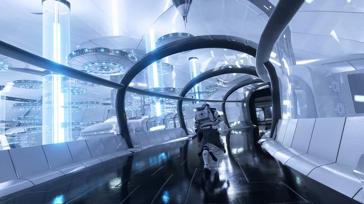 A clone trooper runs through a sleek, futuristic hallway inside the Kamino cloning facility in Star Wars Battlefront II, surrounded by glowing blue lights and suspended cloning pods.