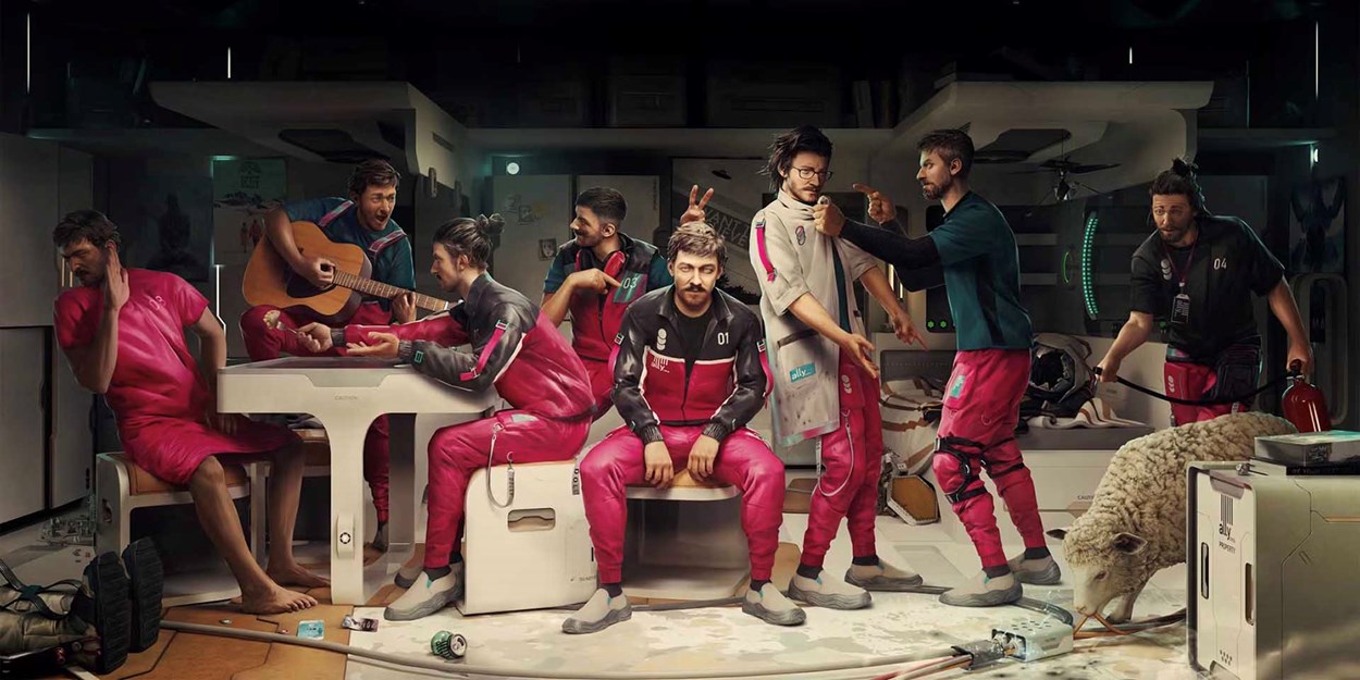 A group of identical men, each representing different personalities or roles, interact inside a futuristic space-like habitat; one plays guitar, another cooks, while others argue or perform tasks, symbolizing the unique clone mechanic in The Alters. A sheep and scattered equipment add to the chaotic, lived-in environment.