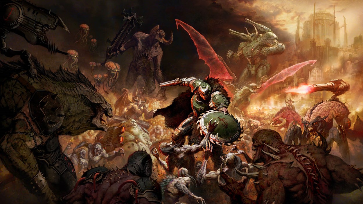 Doom Slayer battles a horde of demonic enemies in a medieval battlefield, wielding a shield and shotgun, surrounded by towering beasts, fire, and chaos in Doom: The Dark Ages key art.