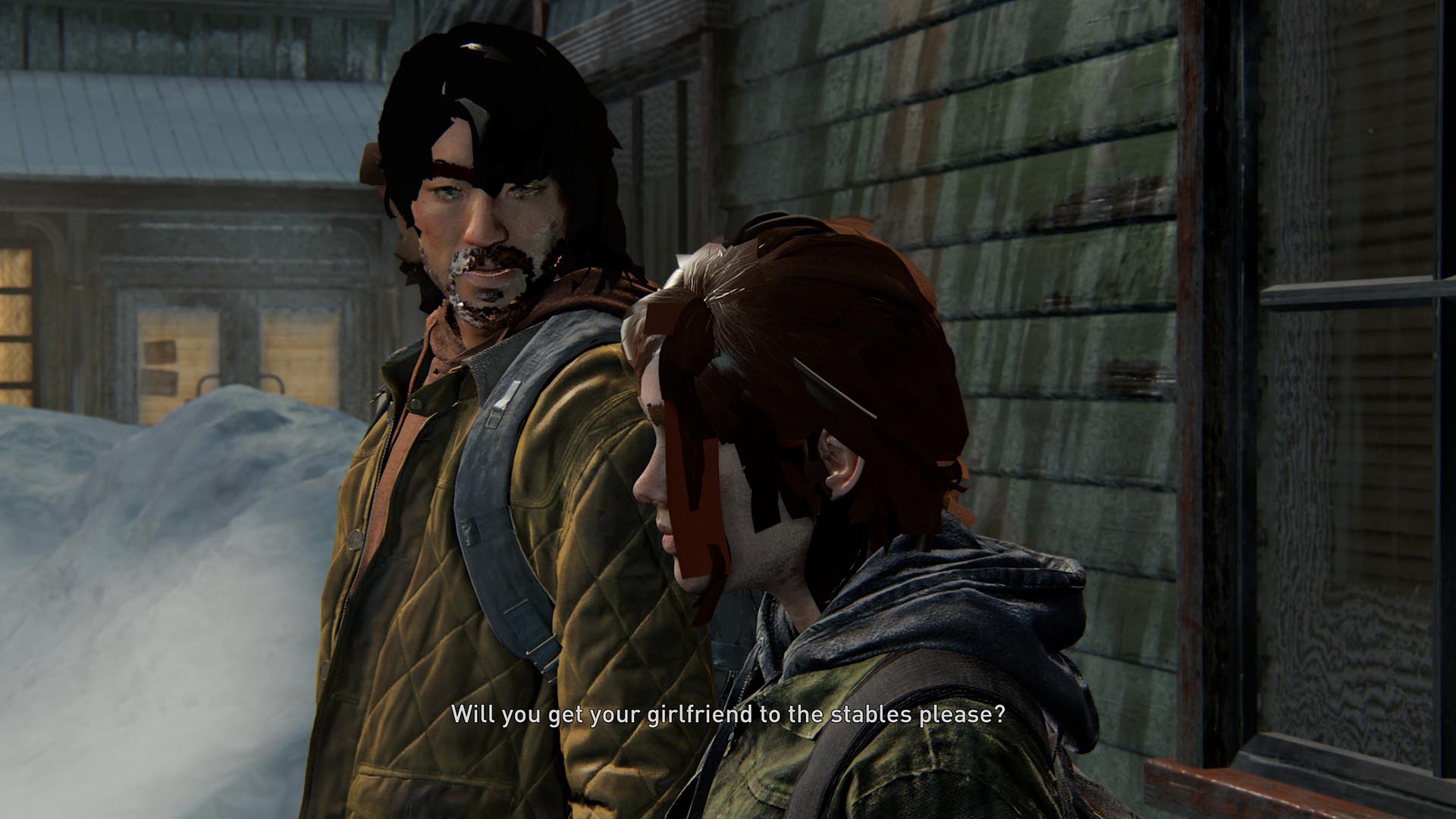 A scene from a video game showing two characters with severely glitched facial textures, illustrating a VRAM-related texture loading issue.