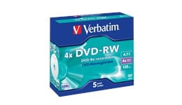 Verbatim 4.7GB DVD-RW Discs, 4x, 5 Pack Jewel Case