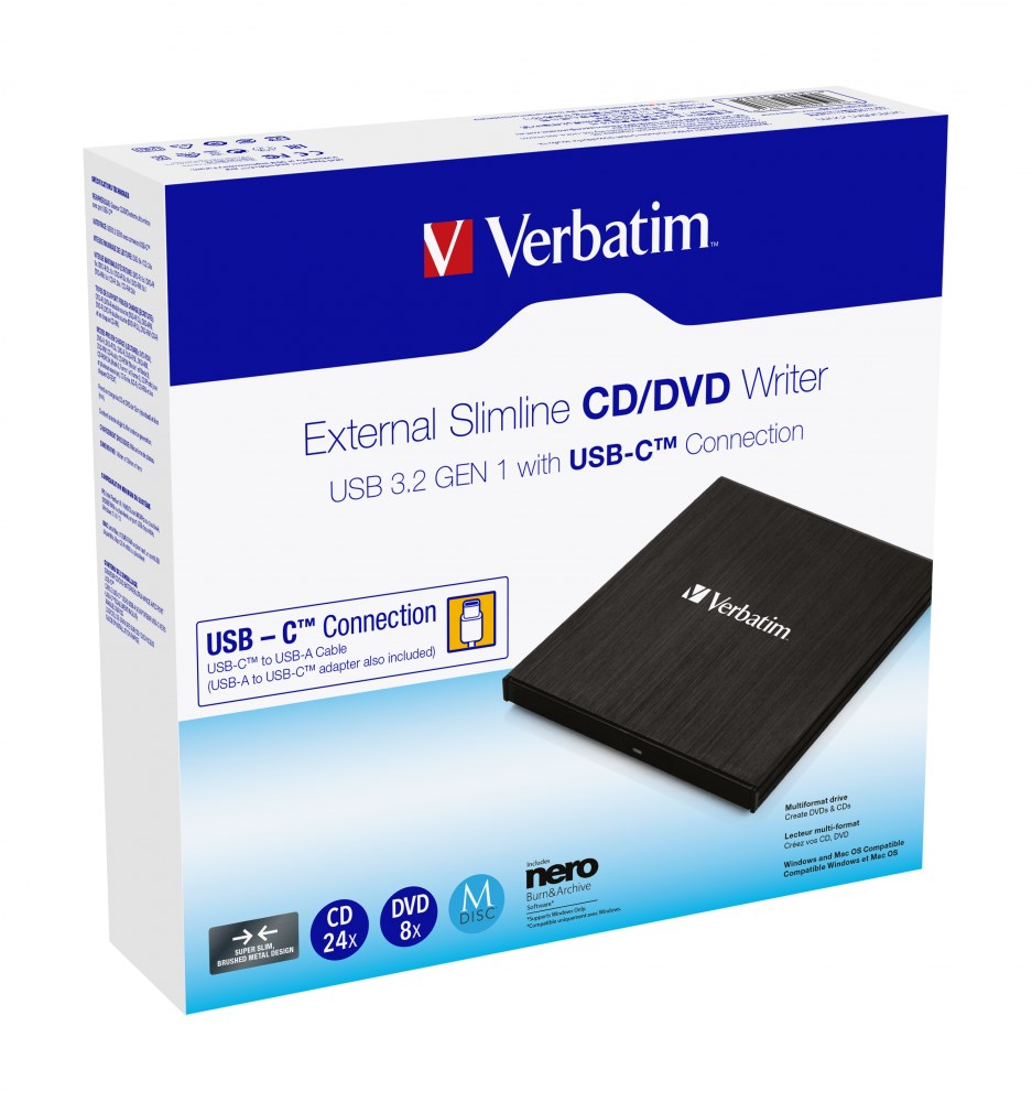 Verbatim External Slimline DVD Writer, USB 3.0 TypeC 43886 CCL