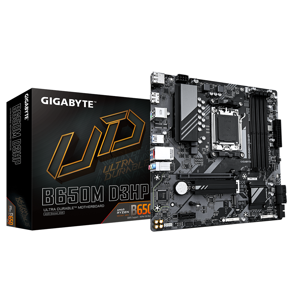 Gigabyte B650M D3HP Ultra Durable AMD AM5 Socket Motherboard, Micro-ATX, 4x DDR5 Slots, 2x M.2 Sockets, 2.5GbE LAN, 2x DisplayPorts / 1x HDMI Port - AMD Socket AM5 - DDR5 Memory