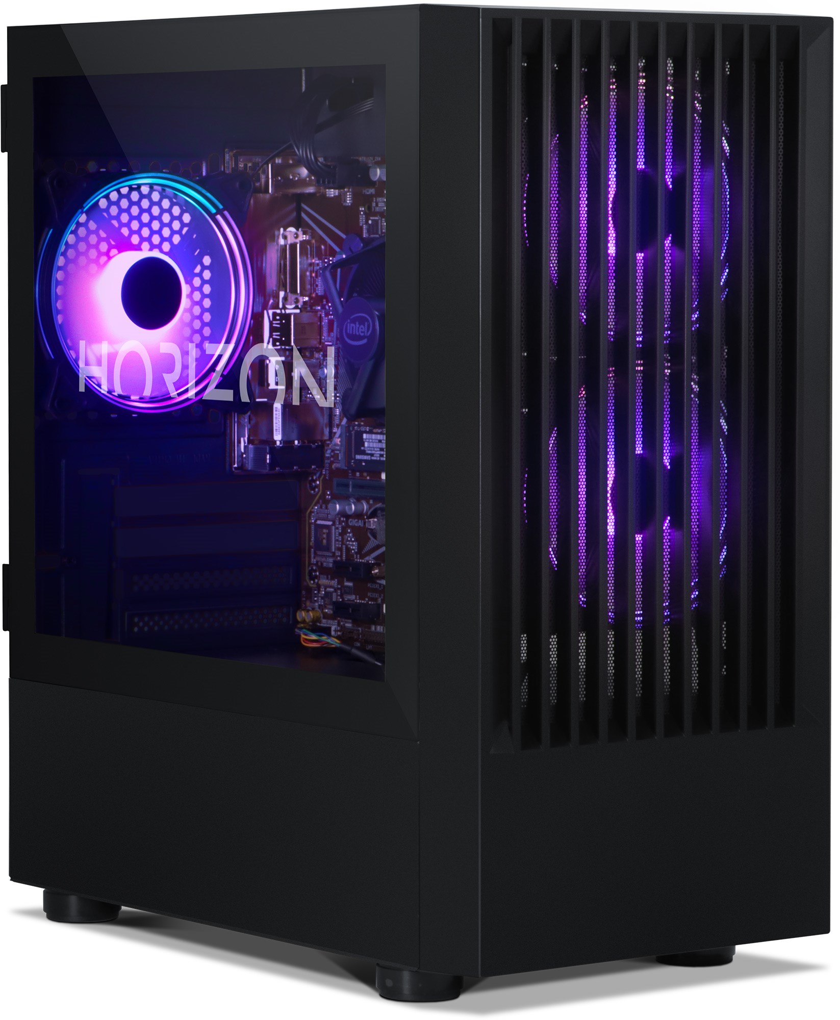 View of front and left side of a Horzion Noir i3 RX 6600 Gaming PC