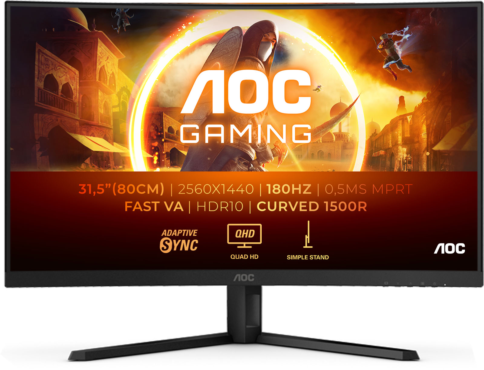 Aoc Grey Cq32g4ve 32" 1440P (Qhd) Curved Gaming Monitor - Va, 180Hz, 1Ms, Hdmi, Dp Size 32