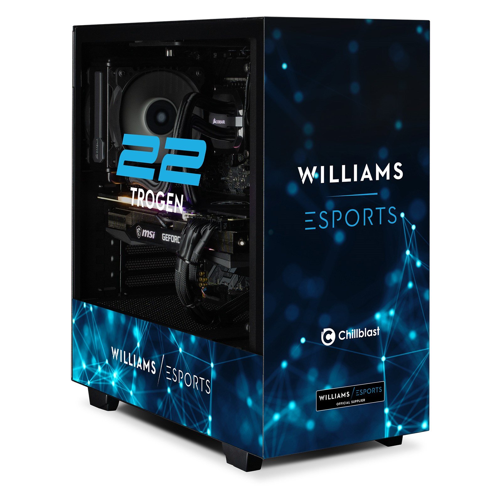 Front and left side view of Chillblast Official Williams Esports Ultimate Gaming PC.