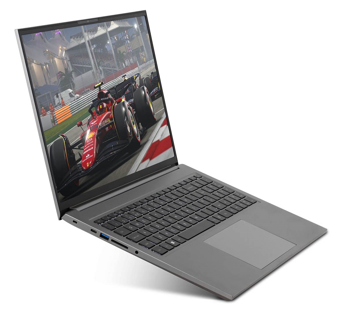 The Chillblast Phantom laptop viewed at an angle from the left side