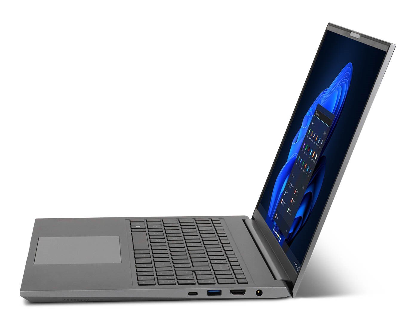 The Chillblast Phantom laptop viewed from the side, lid open