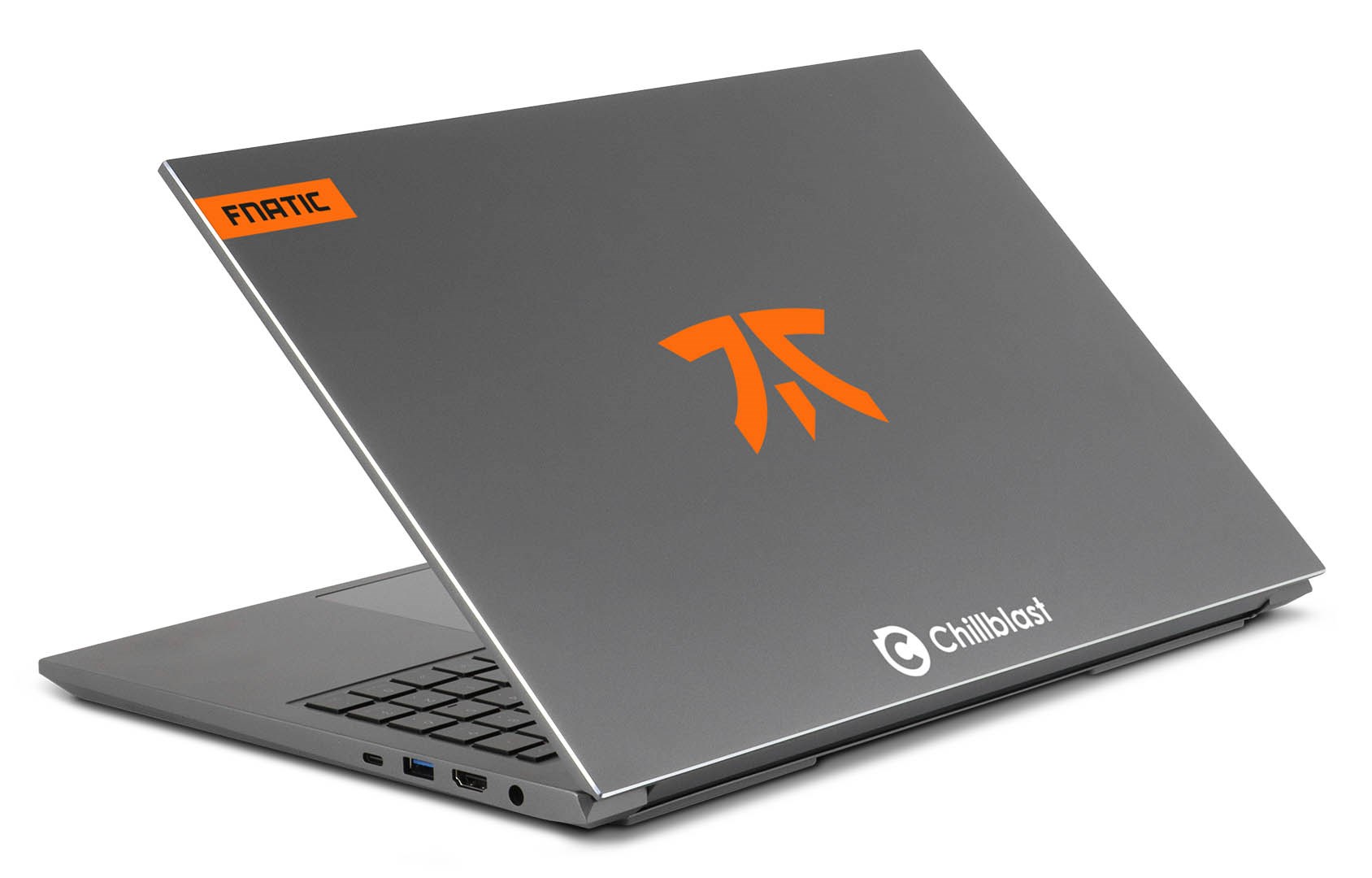 Chillblast FNATIC Flash Laptop viewed from the back, showing the FNATIC Logo.