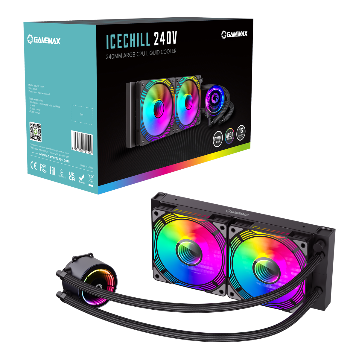 GameMax Ice Chill 240V 240mm ARGB AiO Liquid CPU Cooler in Black