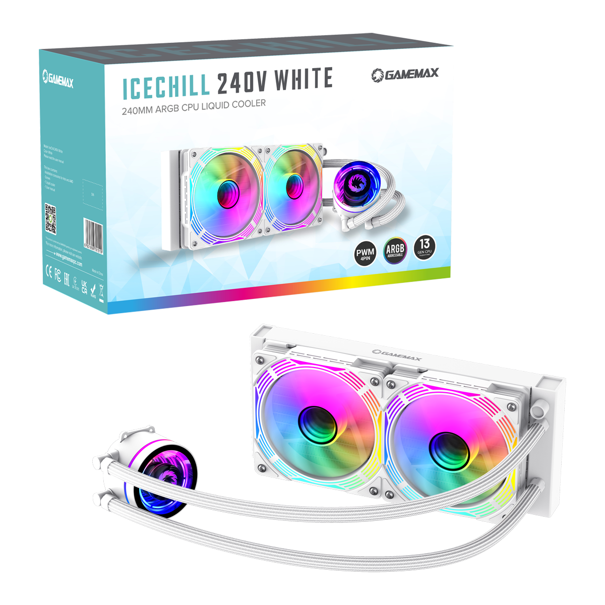GameMax Ice Chill 240V 240mm ARGB AiO Liquid CPU Cooler in White