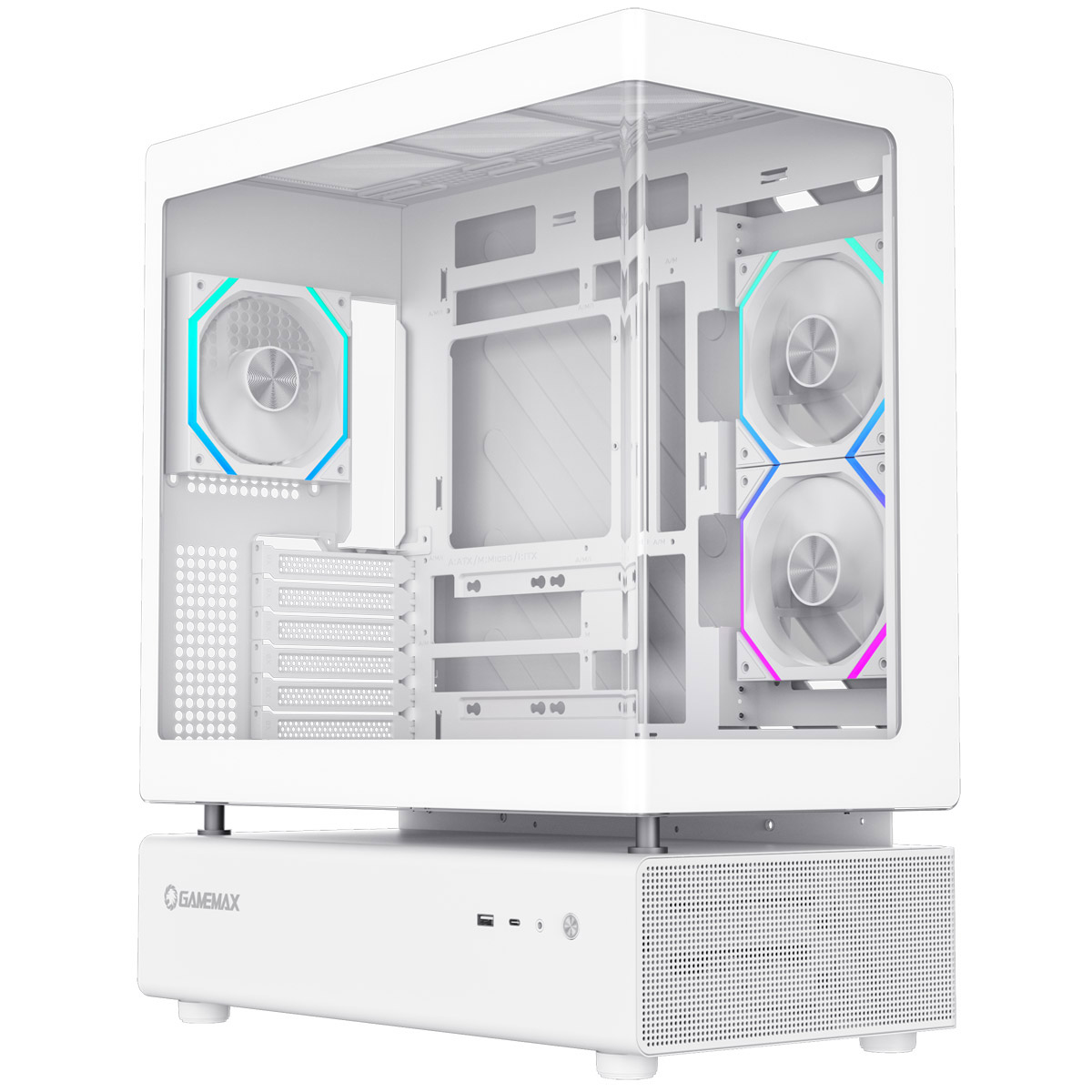GameMax N80 White ATX PC Gaming Case with 6 x 120mm PWM ARGB Fans and 10-Port Fan Hub Curved Tempered Glass Panel - CSGMXN80WHT