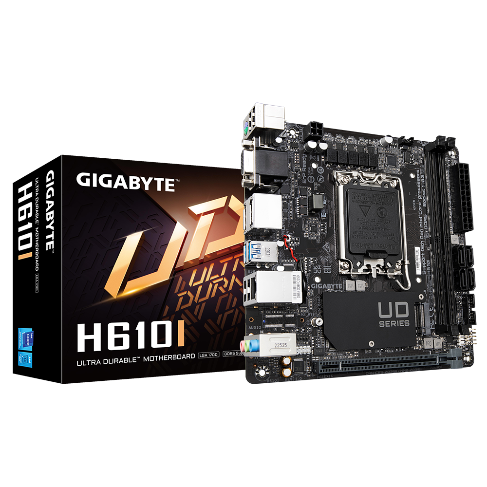 Gigabyte H610I Intel 1700 Socket Motherboard, Mini-ITX, 2x DDR5 Slots, 1x M.2 Socket, GbE LAN, 1x D-Sub / 2x DisplayPort / 1x HDMI Port - Intel Motherboards - Mini-ITX Motherboards