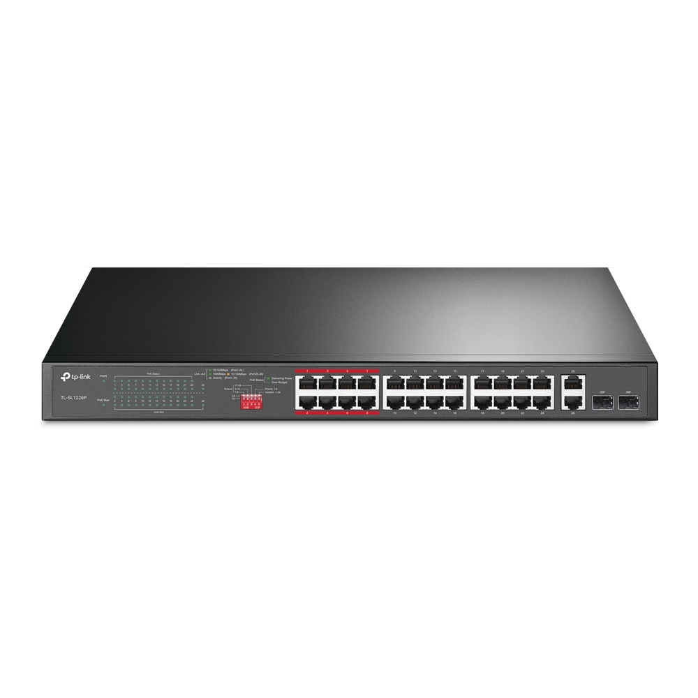 TP-Link TL-SL1226P 24-Port Metal 10/100Mbps + 2-Port Gigabit Unmanaged PoE+ Switch (250W) - -