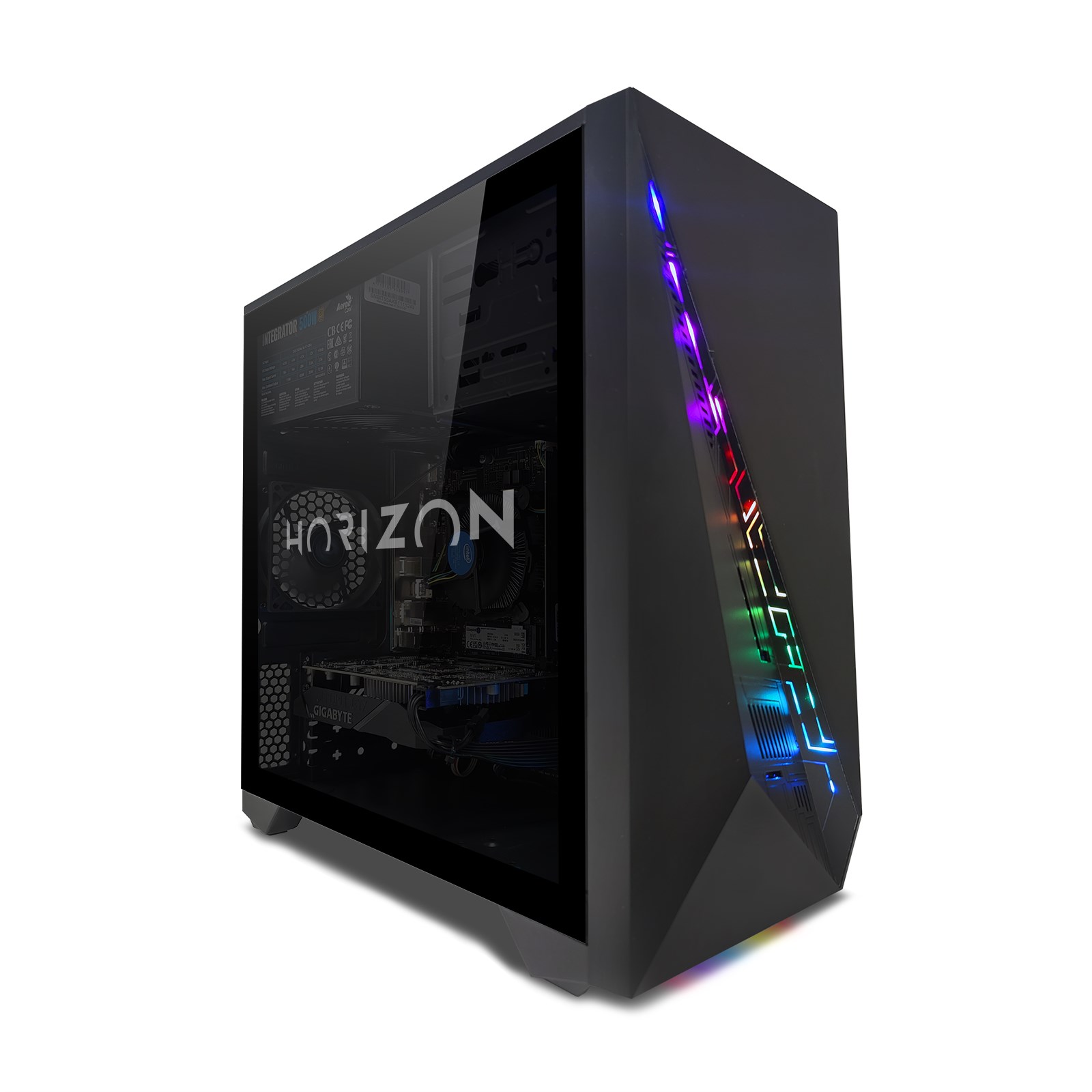 A front angled view of the Horizon 5 Vega Gaming PC
