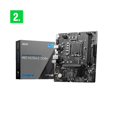A black MSI PRO H610M-E motherboard displayed alongside its packaging box. The motherboard features a compact micro-ATX form factor, with visible PCIe slots, RAM slots, and a CPU socket. The packaging has a sleek gray design with the product name and branding.