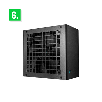 A black power supply unit (PSU) with a large cooling fan and a grid-style ventilation design on the front. The PSU has a minimalist, modern design with a small turquoise logo on the corner. 