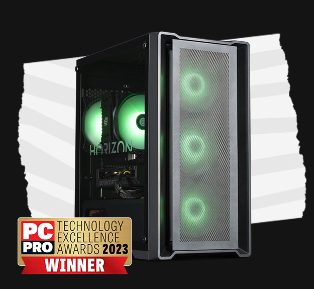 A gaming PC with the logo for the PC Pro Magazine Technology Excellence Awards Winner for 2023