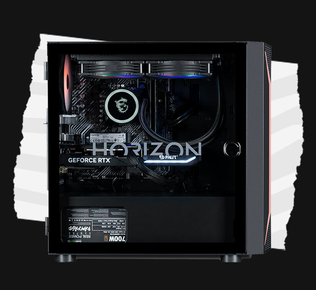 A side on view of one of our gaming PCs showing of the internal components