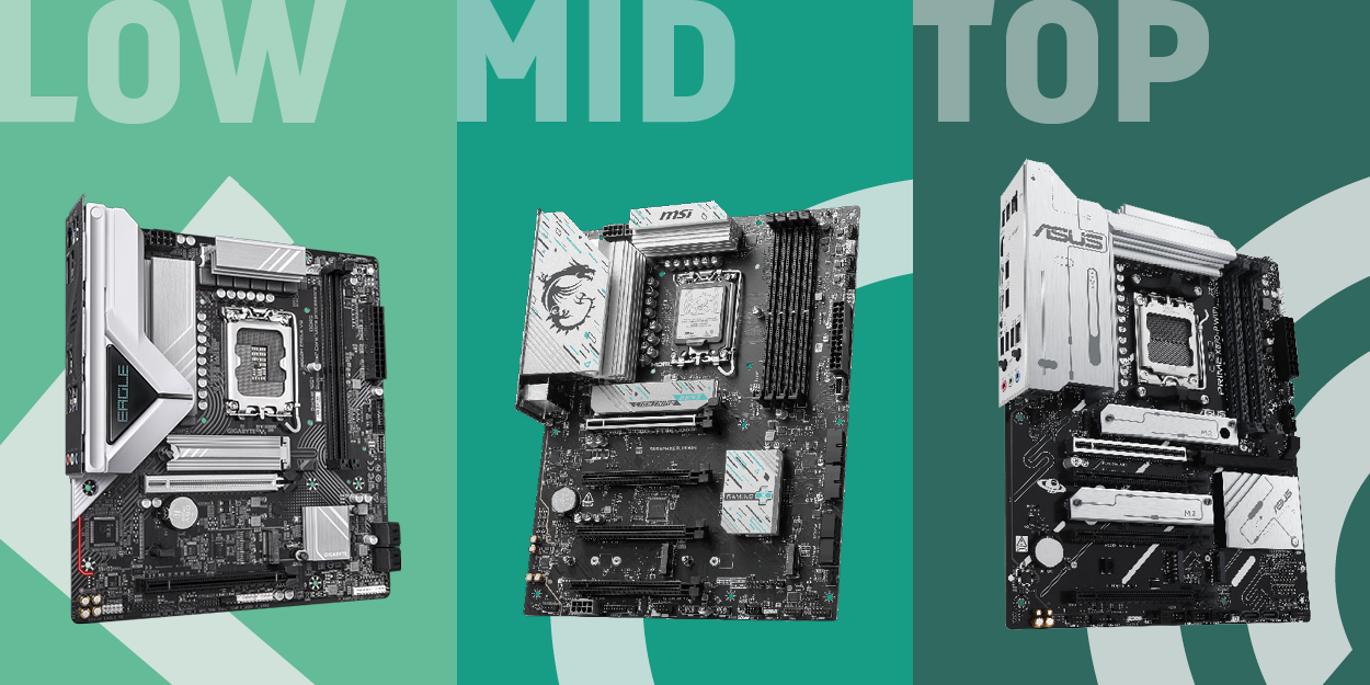 Side-by-side comparison of three Intel LGA 1851 motherboards labeled LOW, MID, and TOP. From left to right: Gigabyte B860M EAGLE (budget pick), MSI B860 GAMING PLUS WIFI (mid-tier pick), and ASUS Prime Z790-P WiFi (top-tier pick).