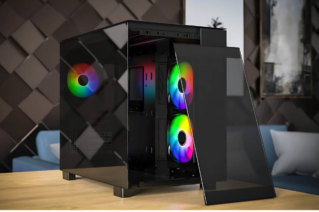 Black Montech PC case with the front glass panel detached with the coloured fans showing